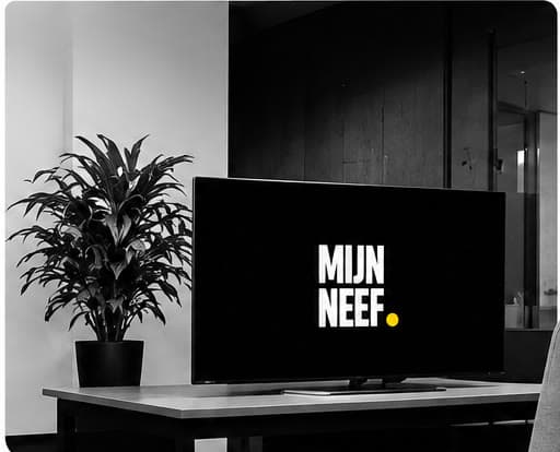 Scherm met het logo van Mijn Neef op een bureau